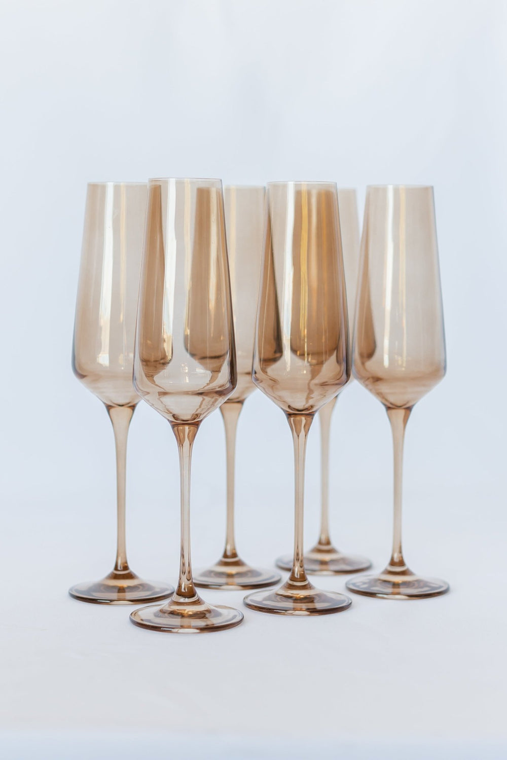 Estelle Colored Champagne Flute set of six in Mocha Mousse, also called Amber Smoke, a stemmed flute in a smoky amber tone