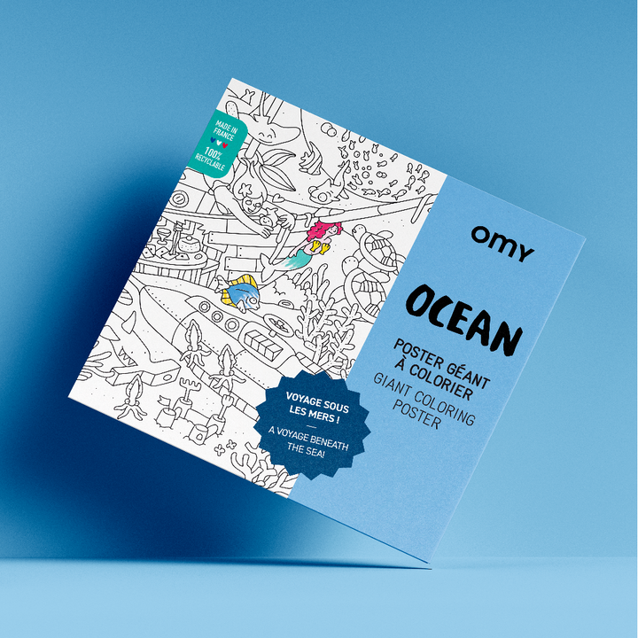 Packaged ocean giant coloring poster with line-art cover, on a blue background