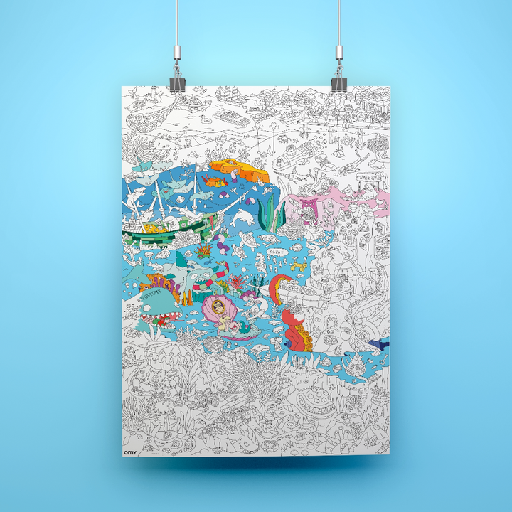 Ocean giant coloring poster hung on a wall, partly colored underwater scene with sea creatures