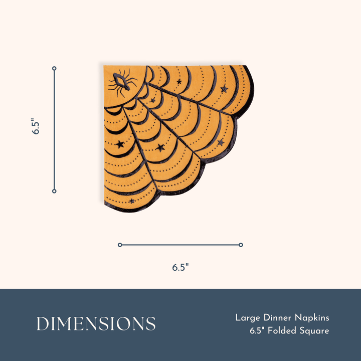 A dimension graphic showing a folded square dinner napkin with a scalloped fan pattern in mustard yellow and black. The image includes measurement lines indicating the napkin is 6.