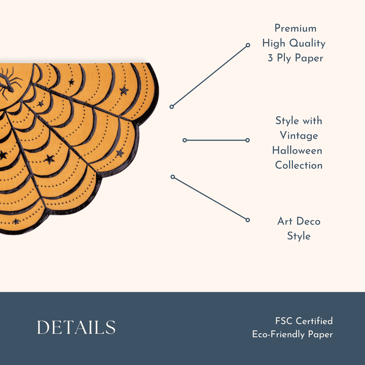 A product detail graphic showing part of a decorative paper item with a scalloped spiderweb pattern in orange-brown and black. Text callouts describe premium high-quality 3 ply paper, vintage Halloween style, and art deco style.