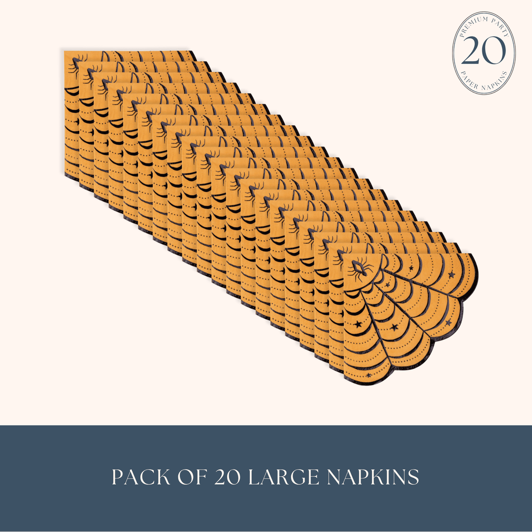 A pack of 20 large napkins arranged in a diagonal stack on a light cream background, with a dark blue banner at the bottom reading 'PACK OF 20 LARGE NAPKINS' and a circular '20 Large Napkins' badge in the top right.