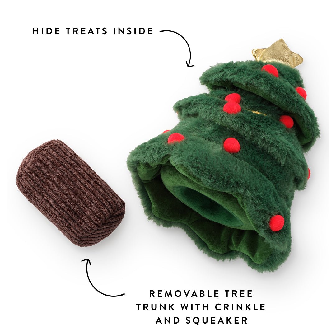 Tree toy beside its removable corduroy trunk, labeled for treats, crinkle, and squeaker