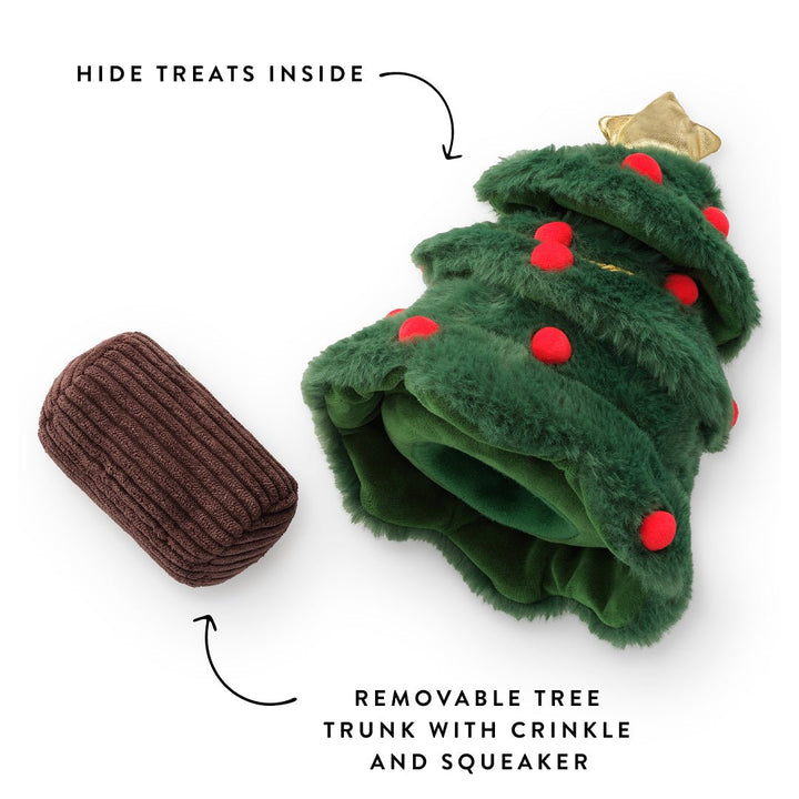 Tree toy beside its removable corduroy trunk, labeled for treats, crinkle, and squeaker
