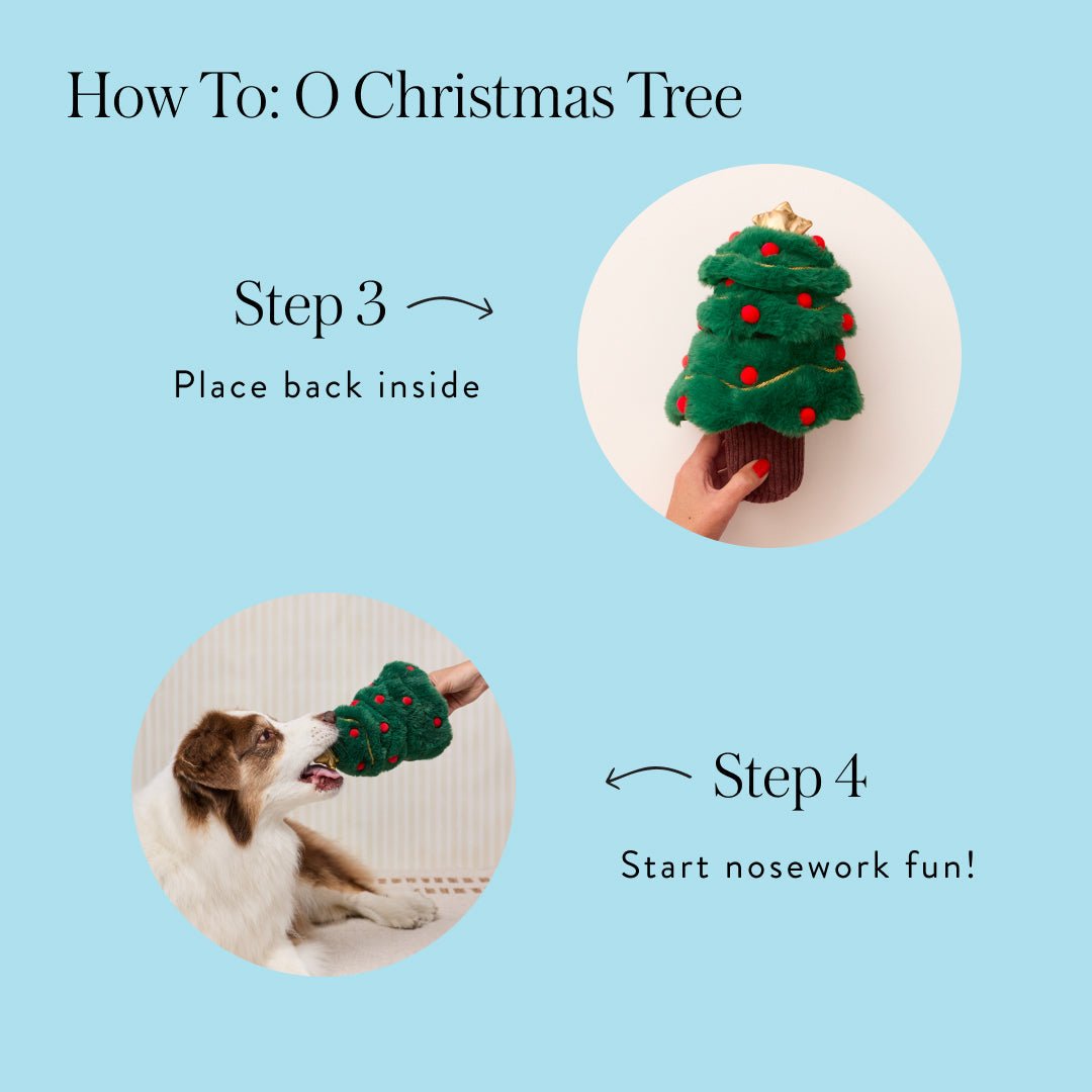 Christmas tree snuffle toy instructions showing the trunk replaced and a dog beginning the nosework game.