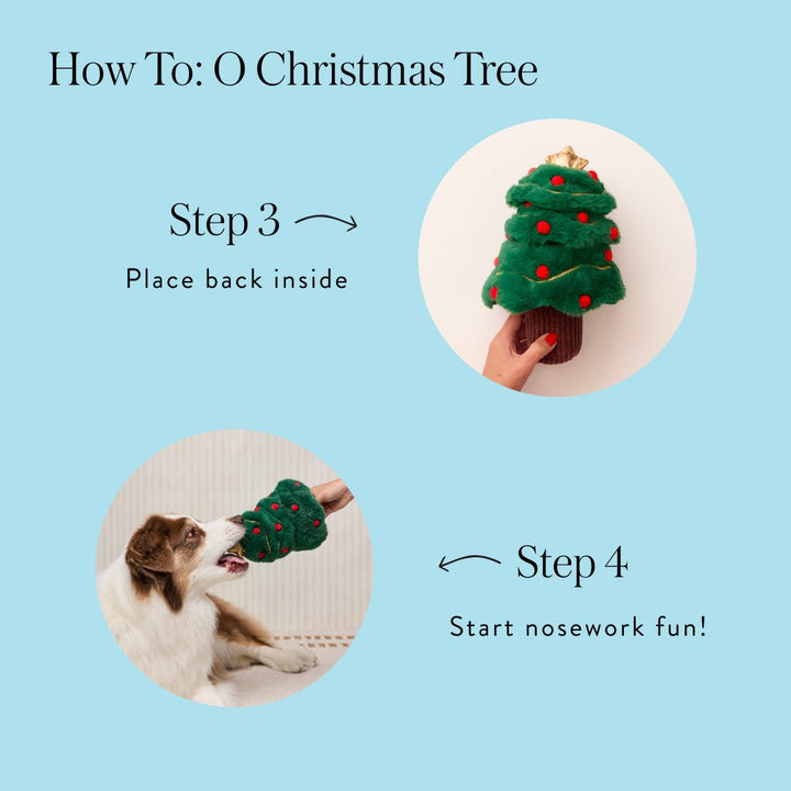 Christmas tree snuffle toy instructions showing the trunk replaced and a dog beginning the nosework game.