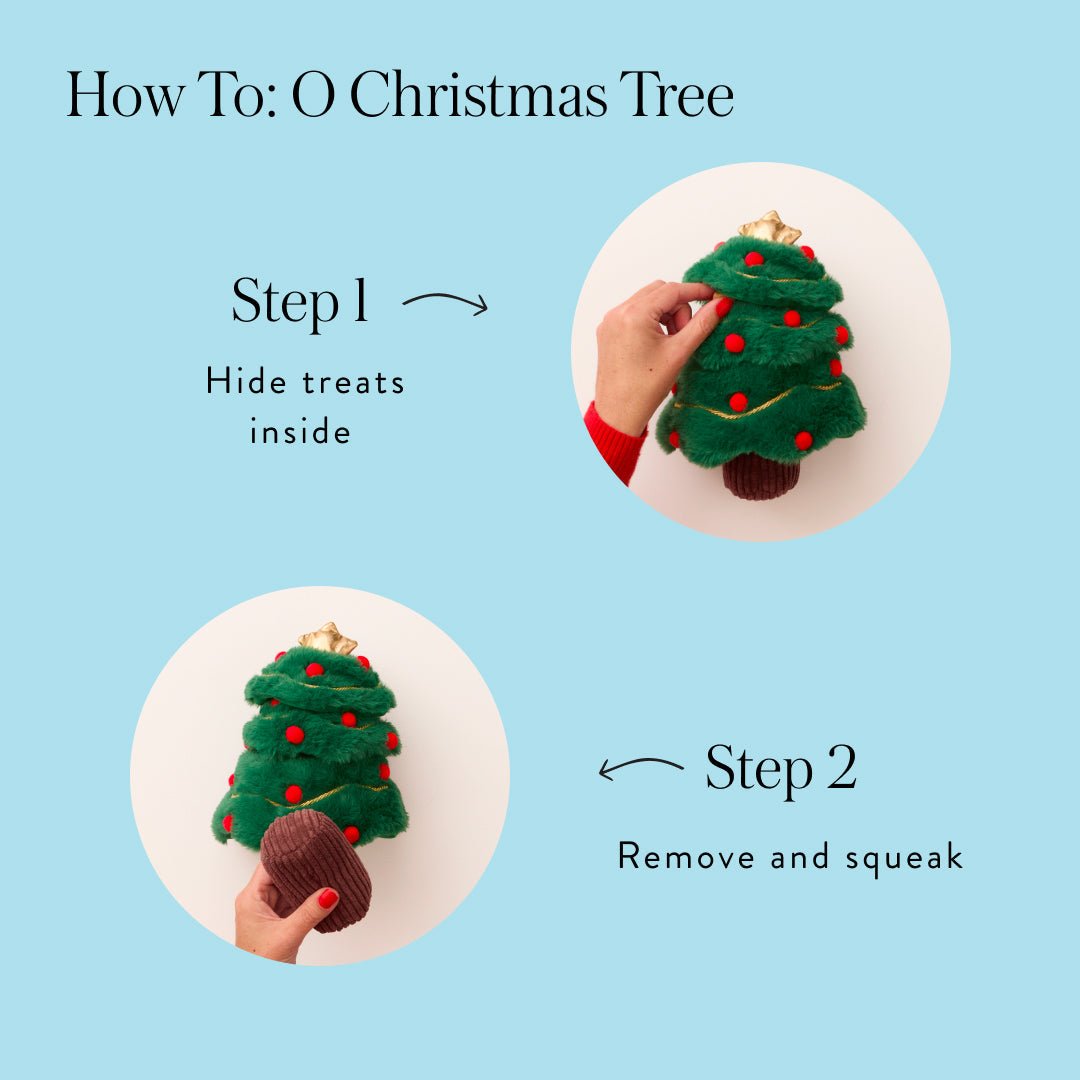 Christmas tree snuffle toy instructions showing treats hidden in the branches and removal of the squeaky trunk.