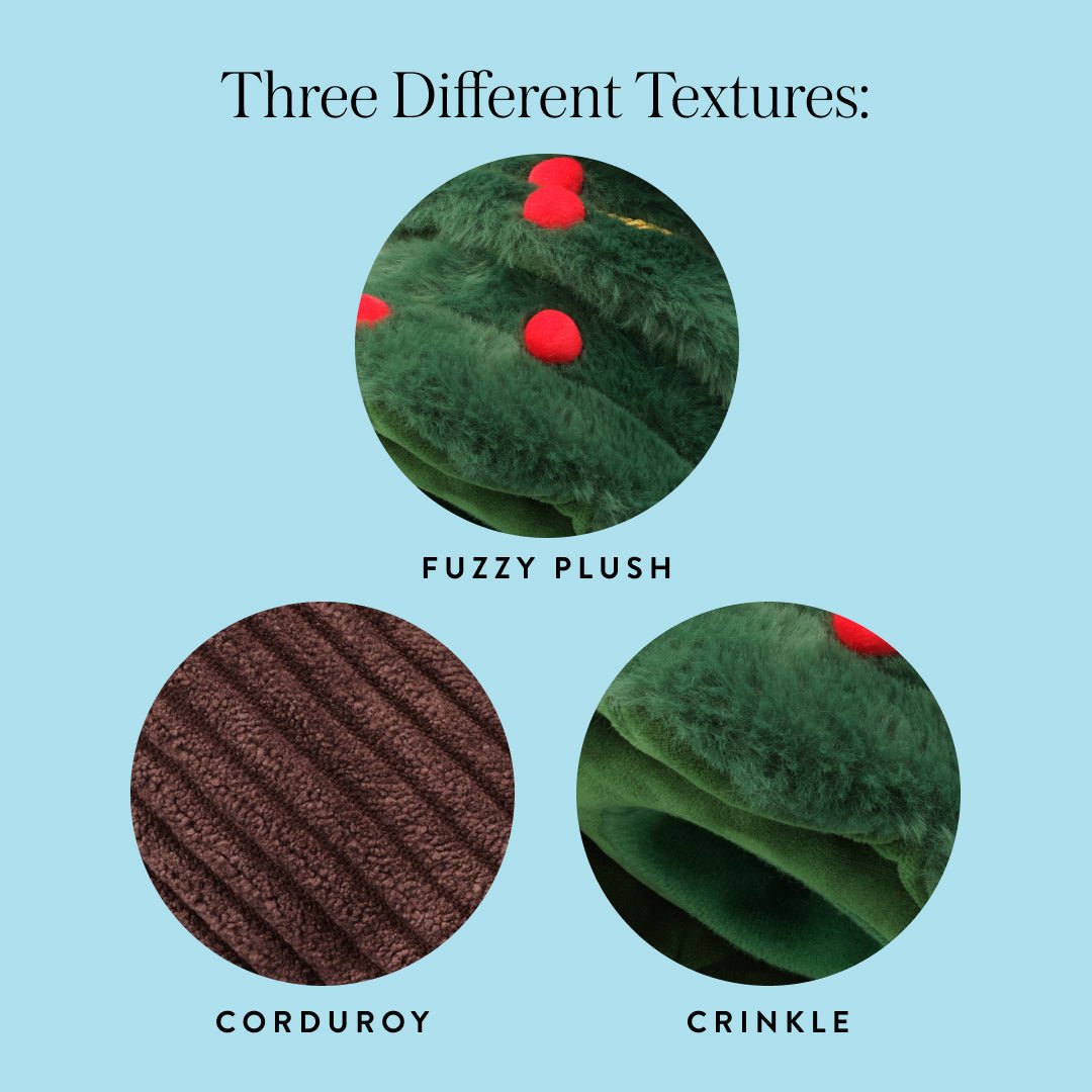 Tree textures: fuzzy green plush, brown corduroy, and crinkle