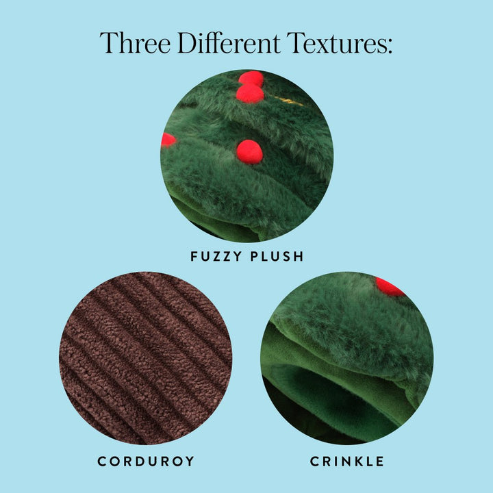 Tree textures: fuzzy green plush, brown corduroy, and crinkle