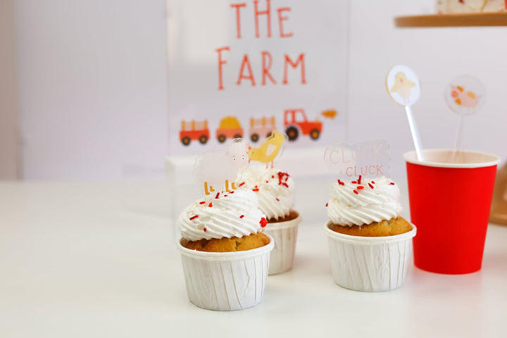 Acrylic farm cupcake toppers for a farm theme birthday dessert table