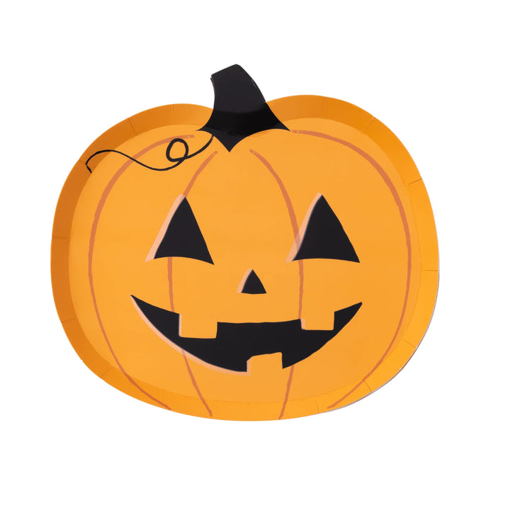 Orange jack-o-lantern small plates, set of 8, printed with carved pumpkin faces for a Halloween party