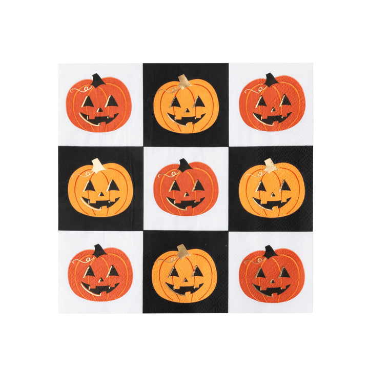Orange jack-o-lantern large napkins, set of 20, folded for a pumpkin carving party table