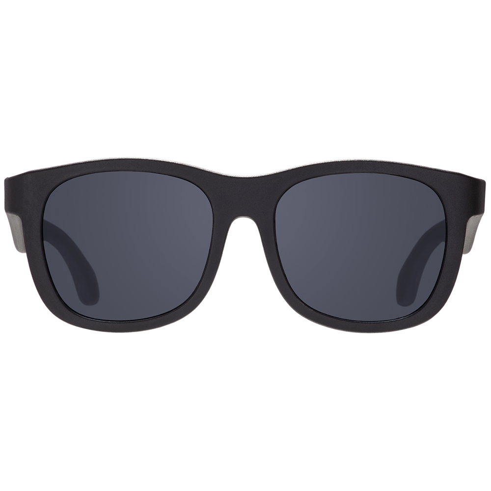Black aviator kids sunglasses shown from the front with smoke lenses on a plain background.
