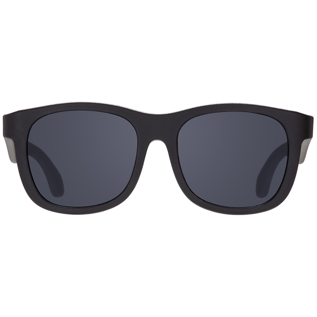 Black aviator kids sunglasses shown from the front with smoke lenses on a plain background.
