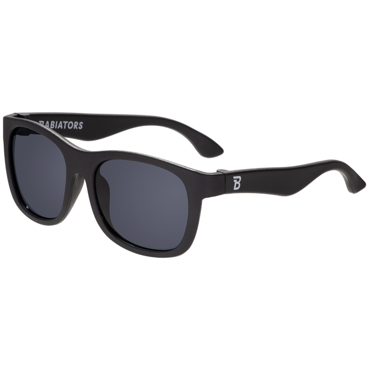 Kids black aviator sunglasses with smoke lenses and durable flexible frames for beach days and vacations, ages 0 to 6 and up.