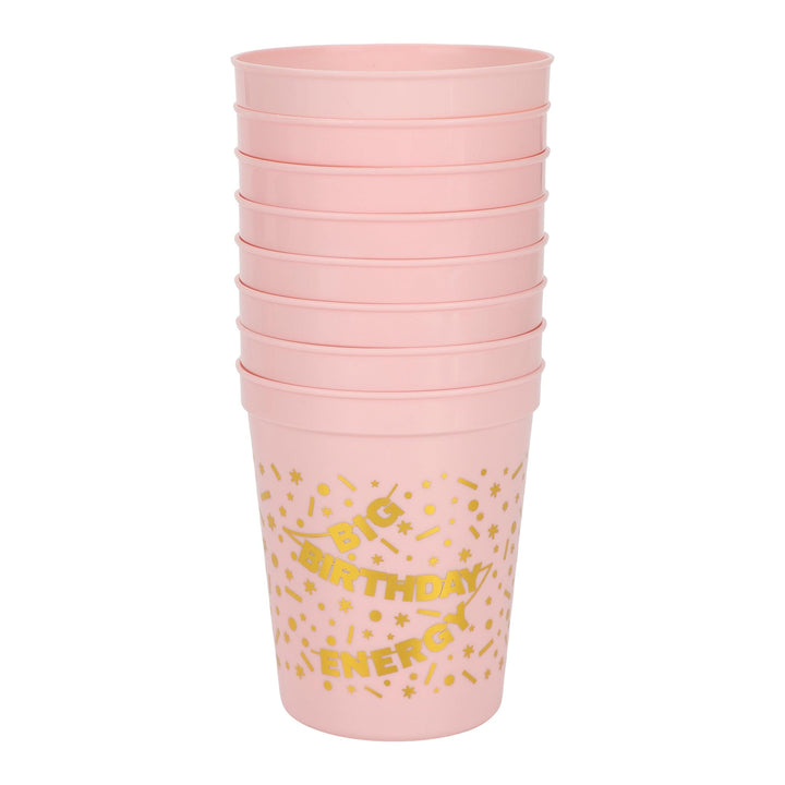 Stack of 8 pink Big Birthday Energy reusable party cups