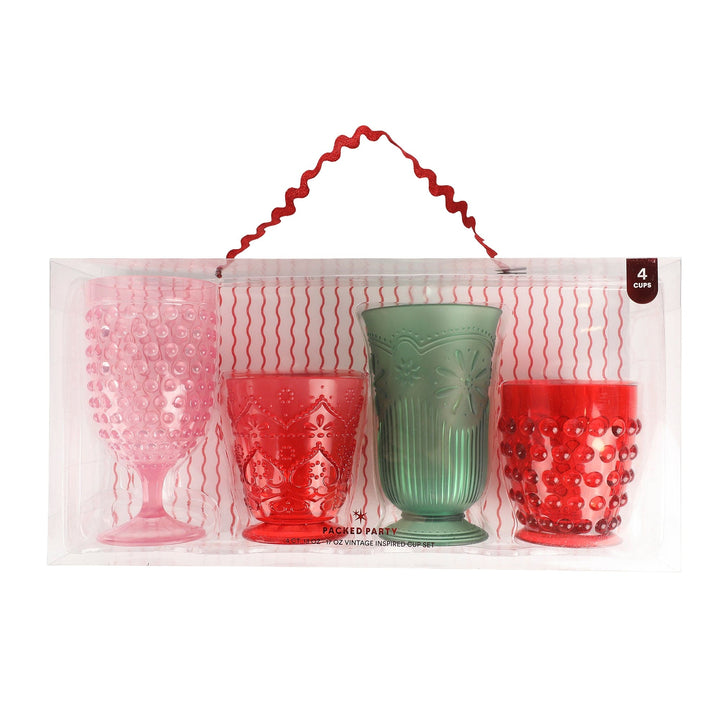 Four holiday vintage-style cups in a clear gift box with a rickrack hanger
