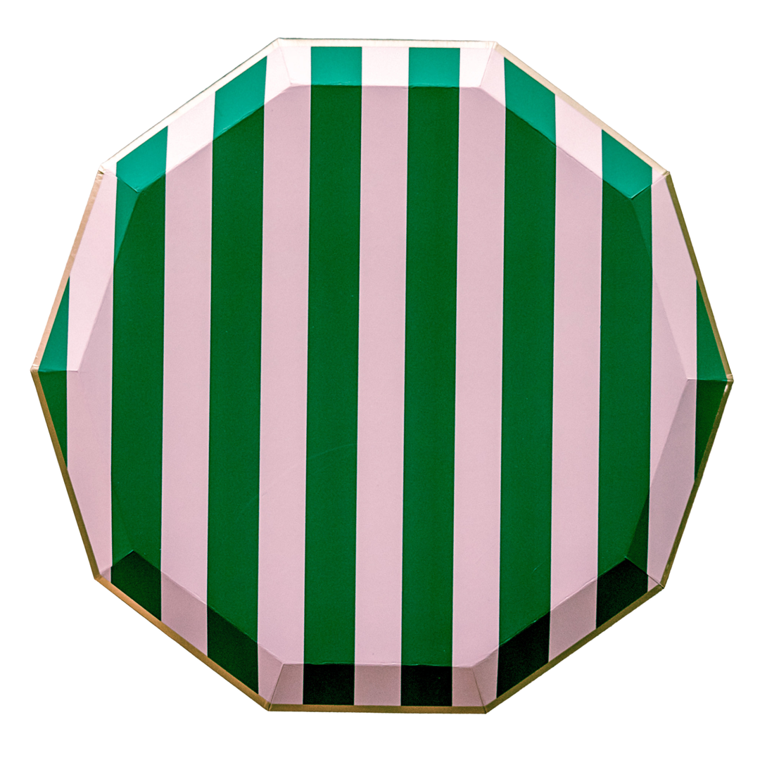 PINK & GREEN SIGNATURE CABANA STRIPE LARGE PLATES Bonjour Fete Plates PINK & GREEN SIGNATURE CABANA STRIPE LARGE PLATES Bonjour Fete - Party Supplies