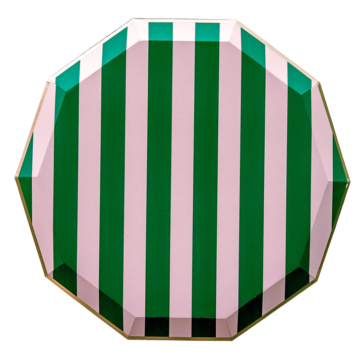 PINK & GREEN SIGNATURE CABANA STRIPE LARGE PLATES Bonjour Fete Plates PINK & GREEN SIGNATURE CABANA STRIPE LARGE PLATES Bonjour Fete - Party Supplies