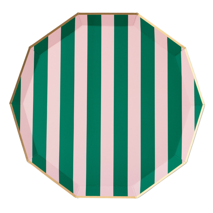 PINK & GREEN SIGNATURE CABANA STRIPE LARGE PLATES Bonjour Fete Plates PINK & GREEN SIGNATURE CABANA STRIPE LARGE PLATES Bonjour Fete - Party Supplies