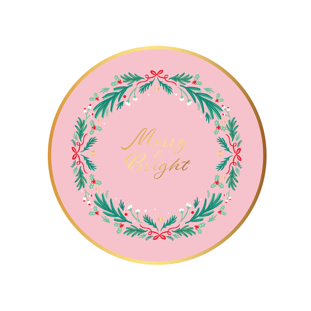 PINK CHRISTMAS WREATH DESSERT PLATES Bonjour Fete Plates PINK CHRISTMAS WREATH DESSERT PLATES Bonjour Fete - Party Supplies