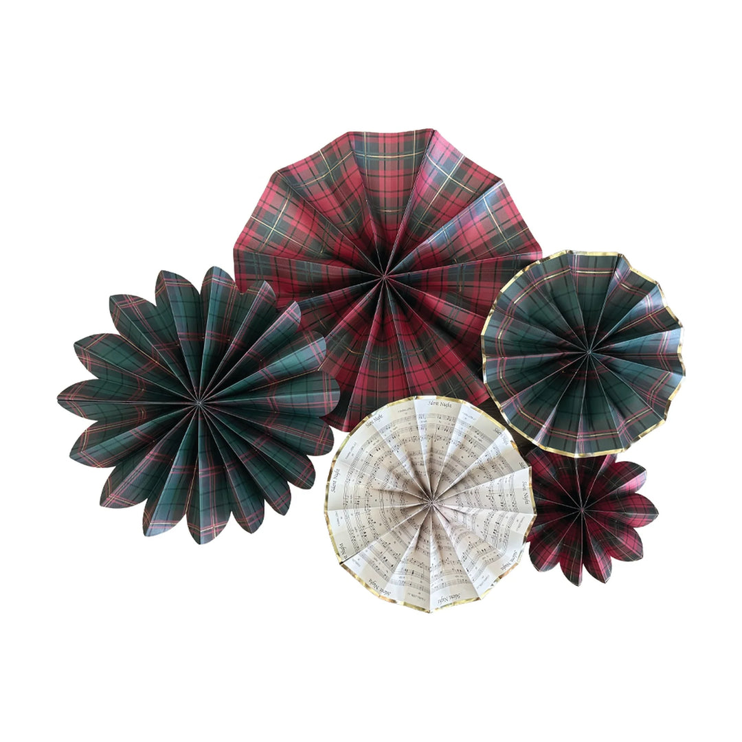 Cluster of red, green, and cream tartan plaid paper fans on white, for a Christmas party wall