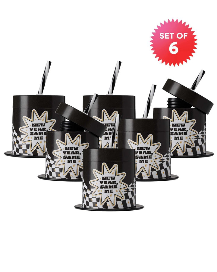 Set of 6 New Year, Same Me top hat sipper cups with striped straws
