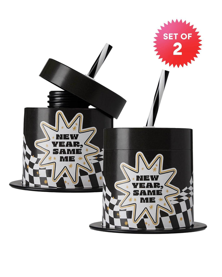 Two New Year, Same Me top hat sipper cups with striped straws, set of 2
