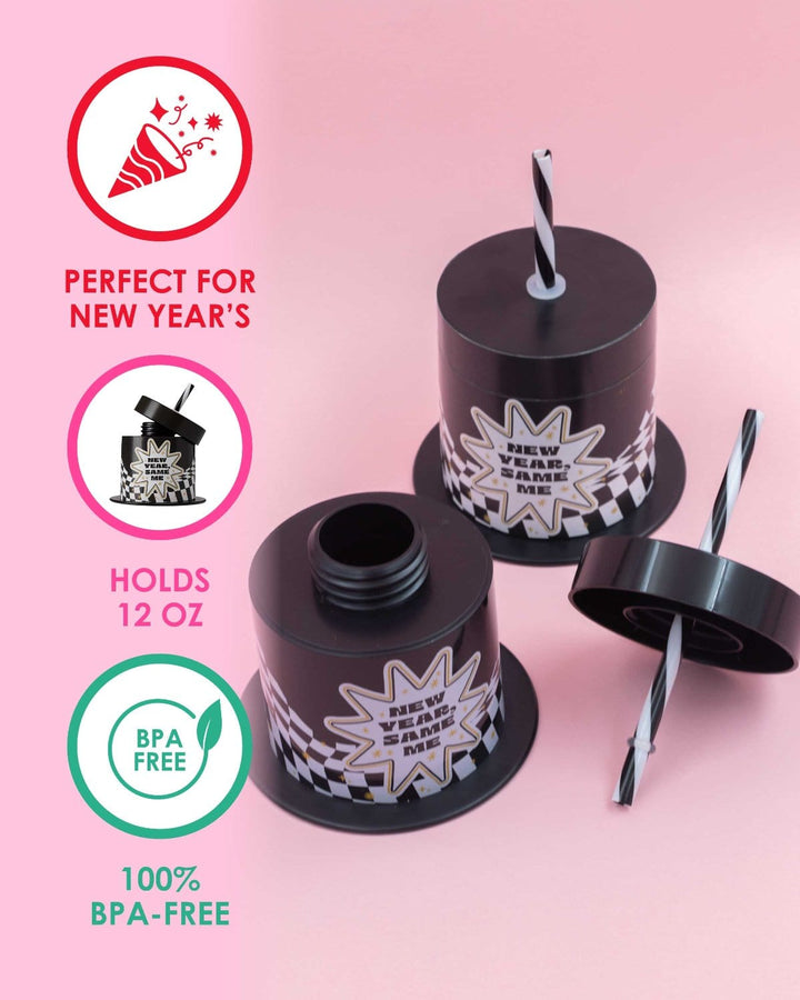 Top hat sipper cup with icons for New Year's, BPA-free plastic, and its capacity