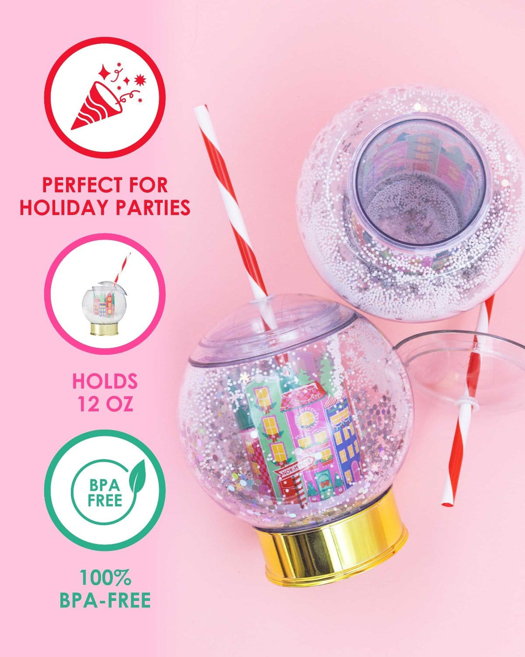 Snow globe cup with icons noting it holds 12 oz, is BPA-free, and is made for holiday parties