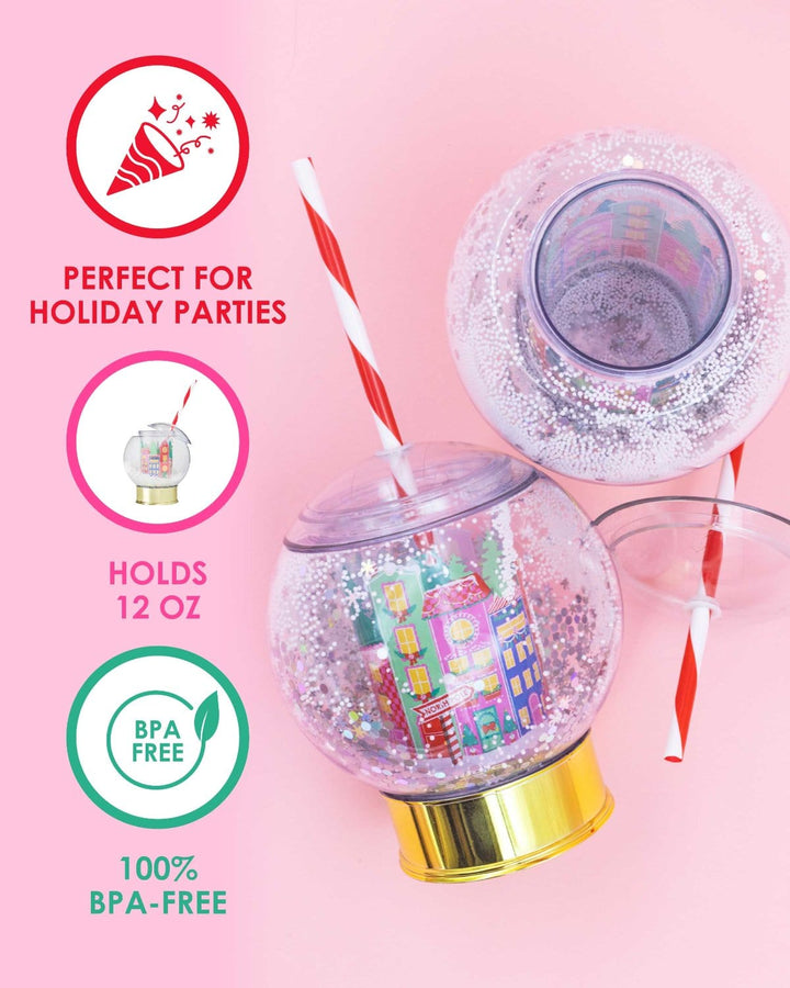 Snow globe cup with icons noting it holds 12 oz, is BPA-free, and is made for holiday parties