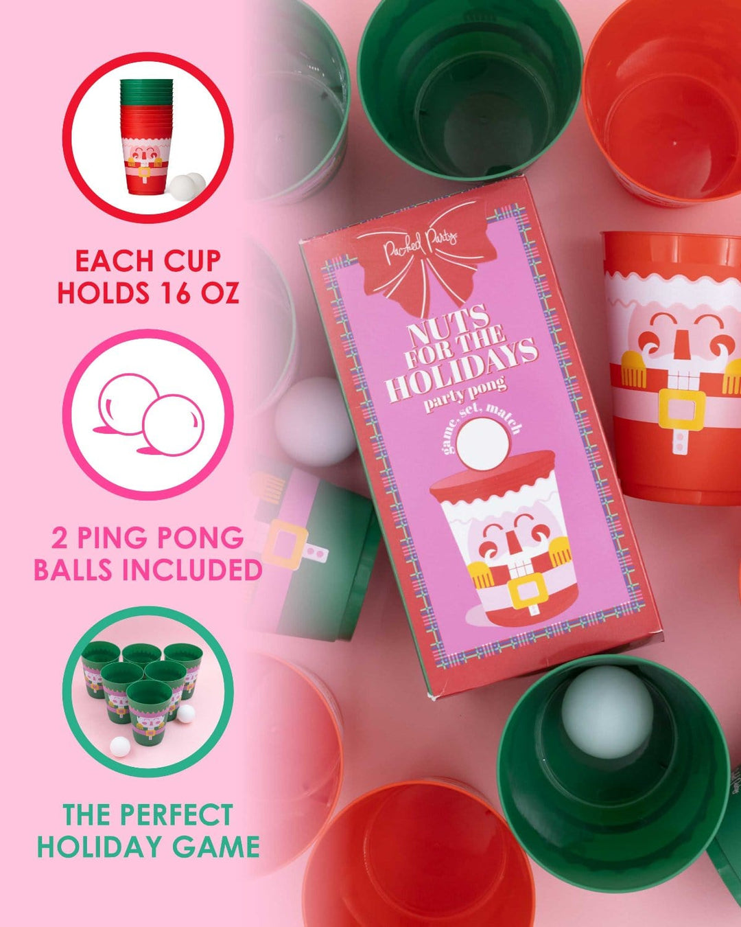 Christmas pong set infographic: each nutcracker cup holds 16 oz, 2 ping pong balls included, a holiday party game