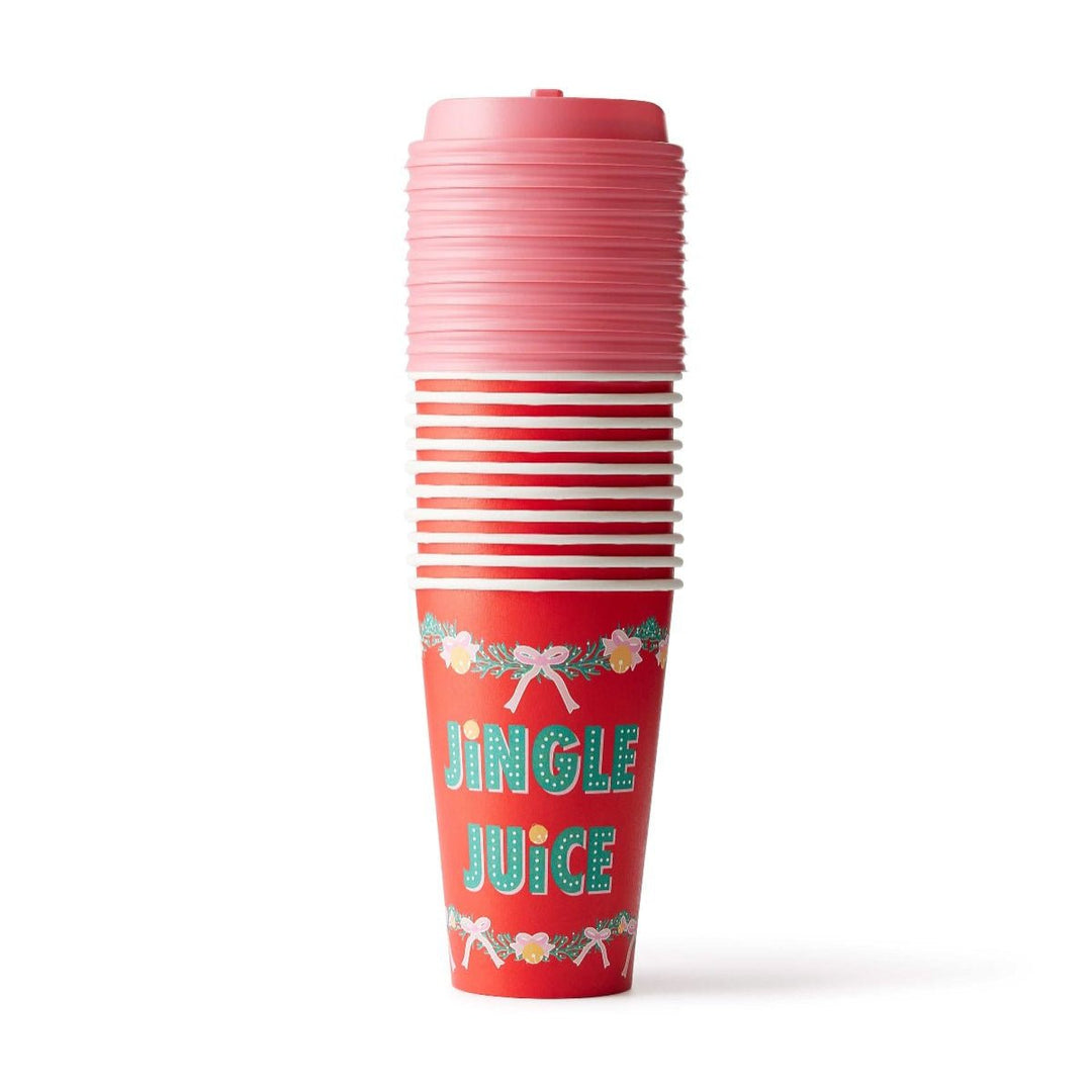 Set of 10 red Jingle Juice Christmas cups with pink lids on a white background