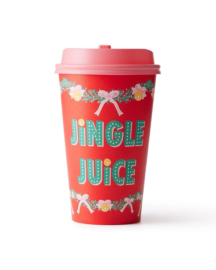 Single red Jingle Juice Christmas to-go cup with a pink lid on a white background
