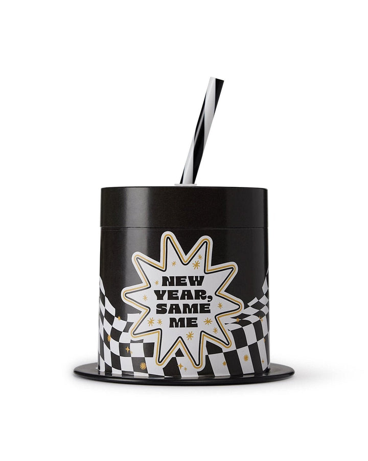 Single black top hat cup with a checkered band and New Year, Same Me starburst