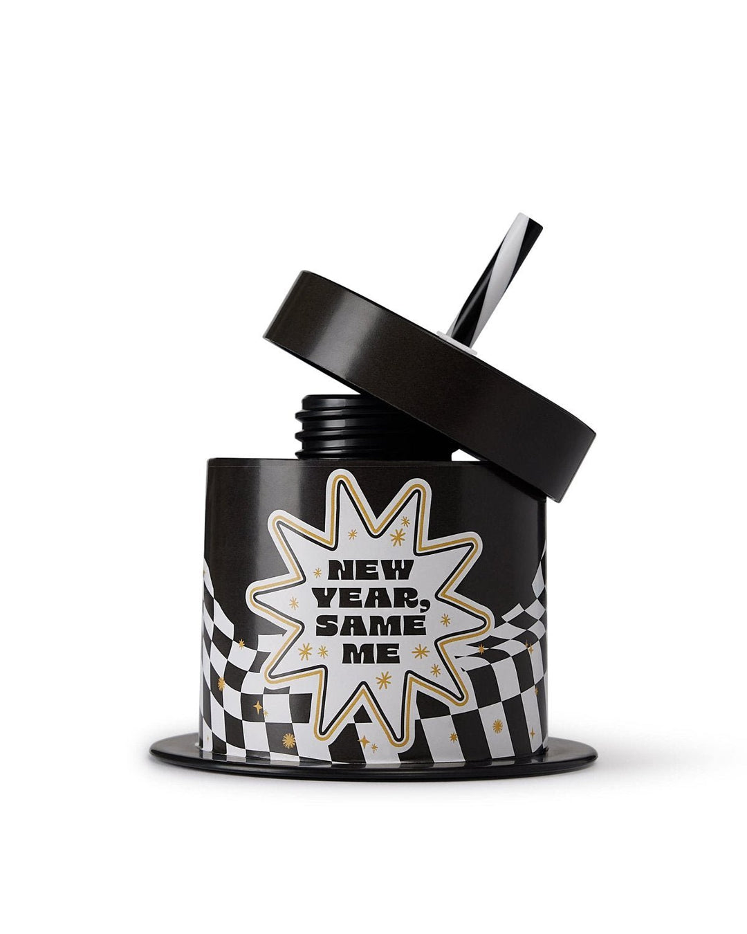 New Year, Same Me top hat cup with its lid and striped straw lifted