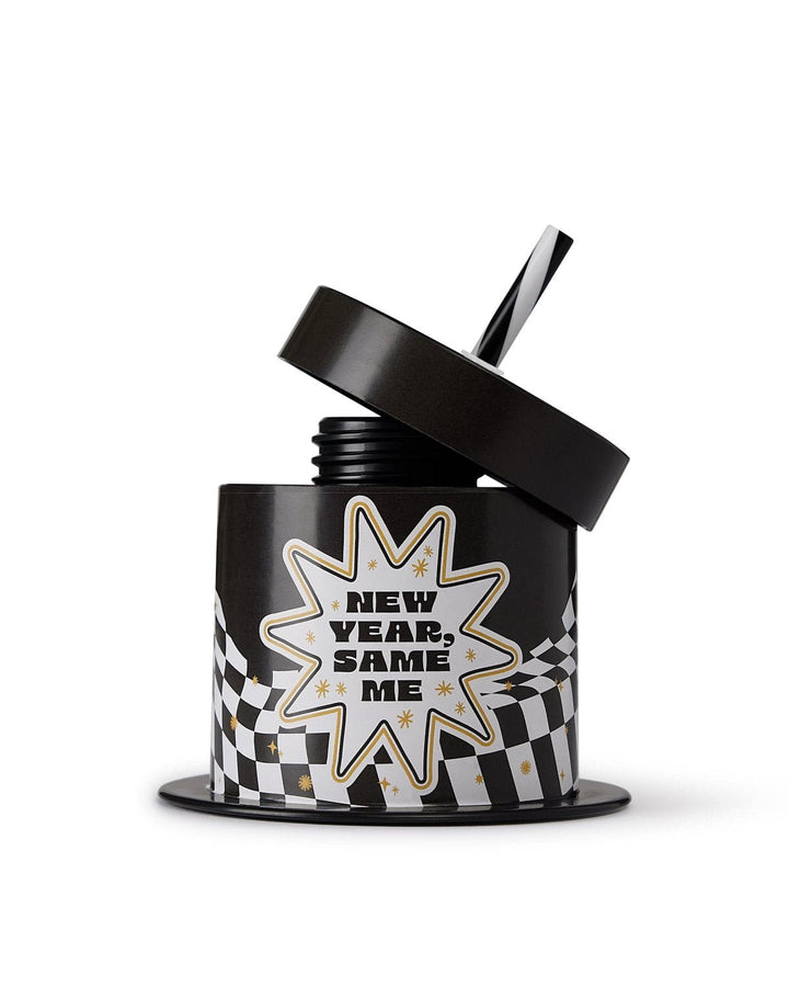 New Year, Same Me top hat cup with its lid and striped straw lifted