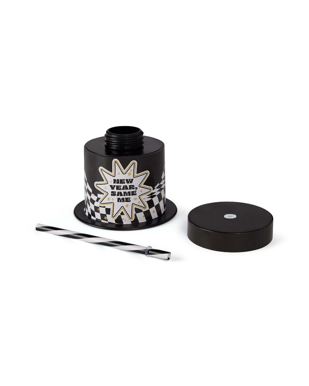 Top hat sipper shown with the lid and straw set beside it to show the parts
