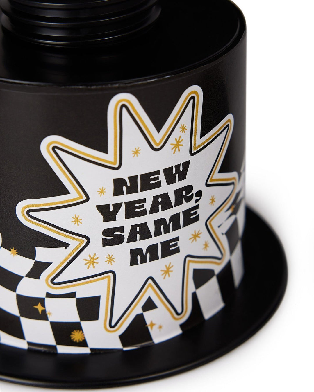 Close-up of the New Year, Same Me starburst label and checkered brim on the top hat cup