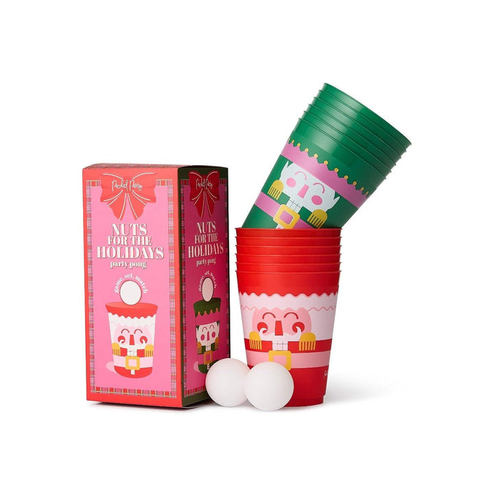 Nutcracker Christmas pong set with 6 red and 6 green reusable cups and 2 pong balls on a white background