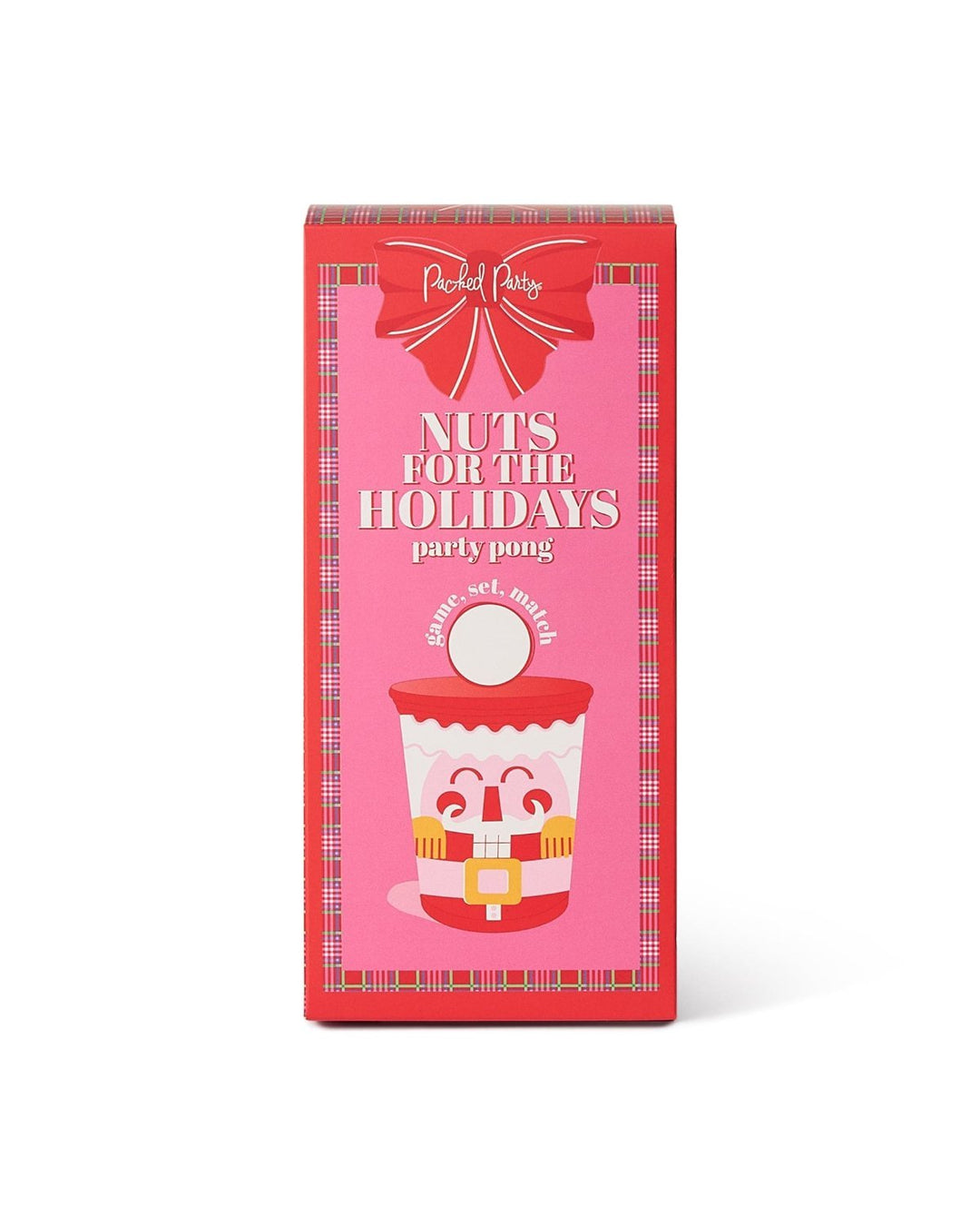 Pink holiday gift box packaging for the nutcracker Christmas pong set