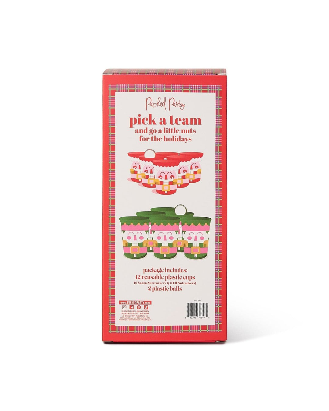 Back of the pink holiday gift box for the nutcracker Christmas pong set on a white background