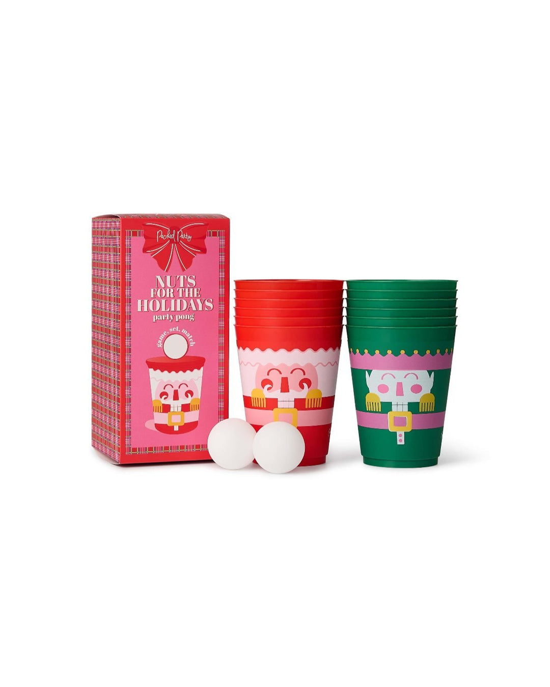 Red and green nutcracker pong cups with ping pong balls, a ready-to-play Christmas game for adults