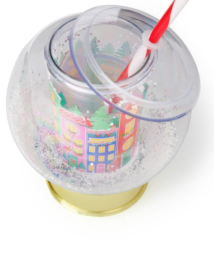 Overhead view into the snow globe cup showing the inner drinking cup inside the snow-filled dome