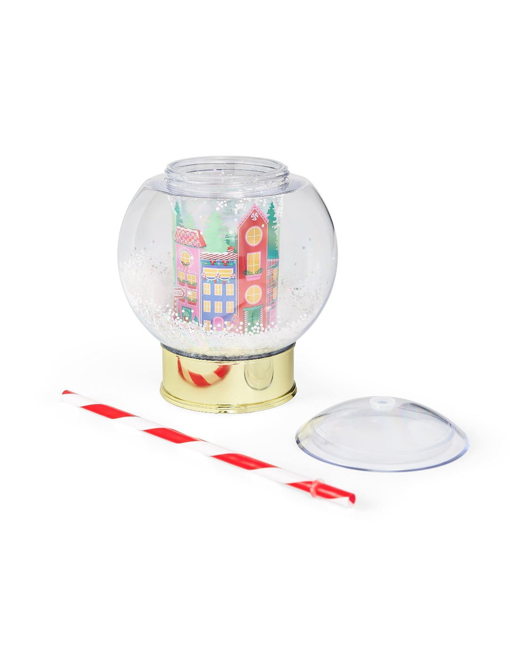 Snow globe cup with the lid and striped straw laid beside it to show the parts