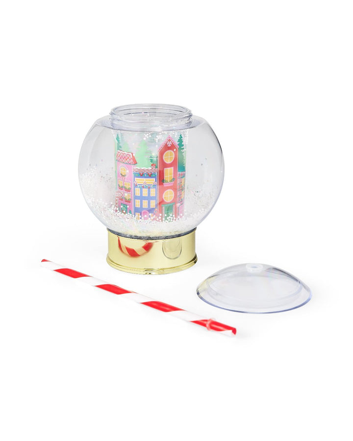 Snow globe cup with the lid and striped straw laid beside it to show the parts