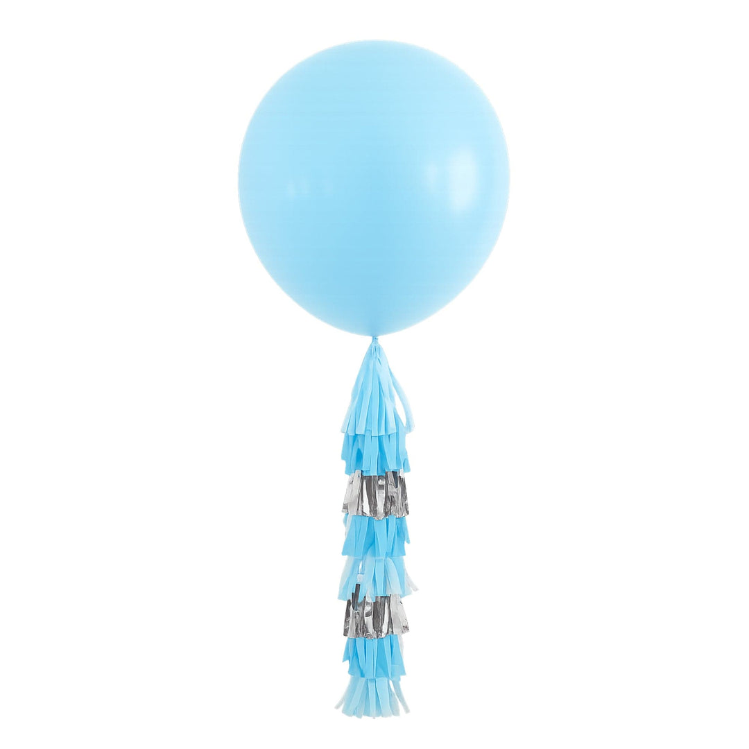 34 inch jumbo blue balloon with a four foot blue and silver fringe tassel