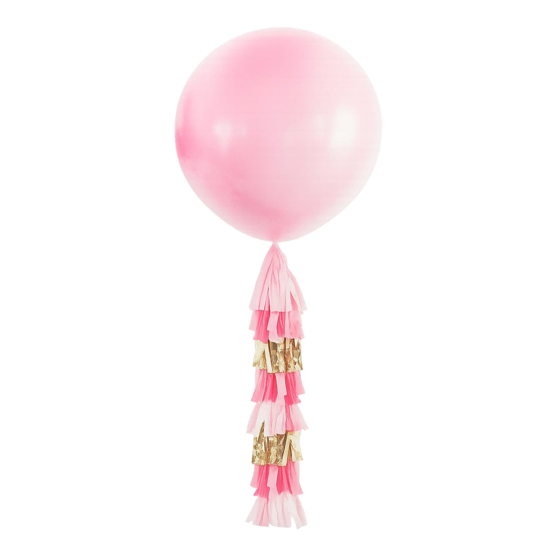 34 inch jumbo pink balloon with a four foot pink and gold fringe tassel