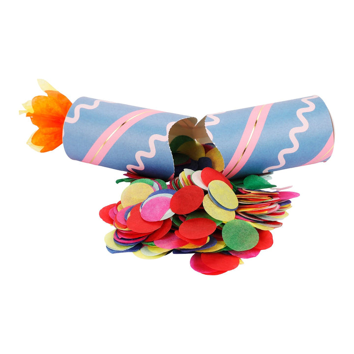 Set of 6 birthday confetti party crackers filled with confetti, metal charms, and printed affirmations