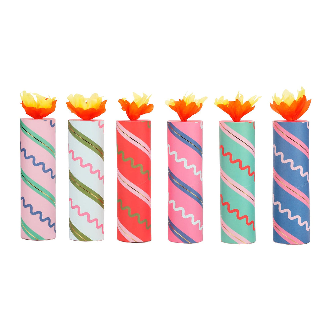 Birthday party crackers shaped like colorful striped candles, set of 6